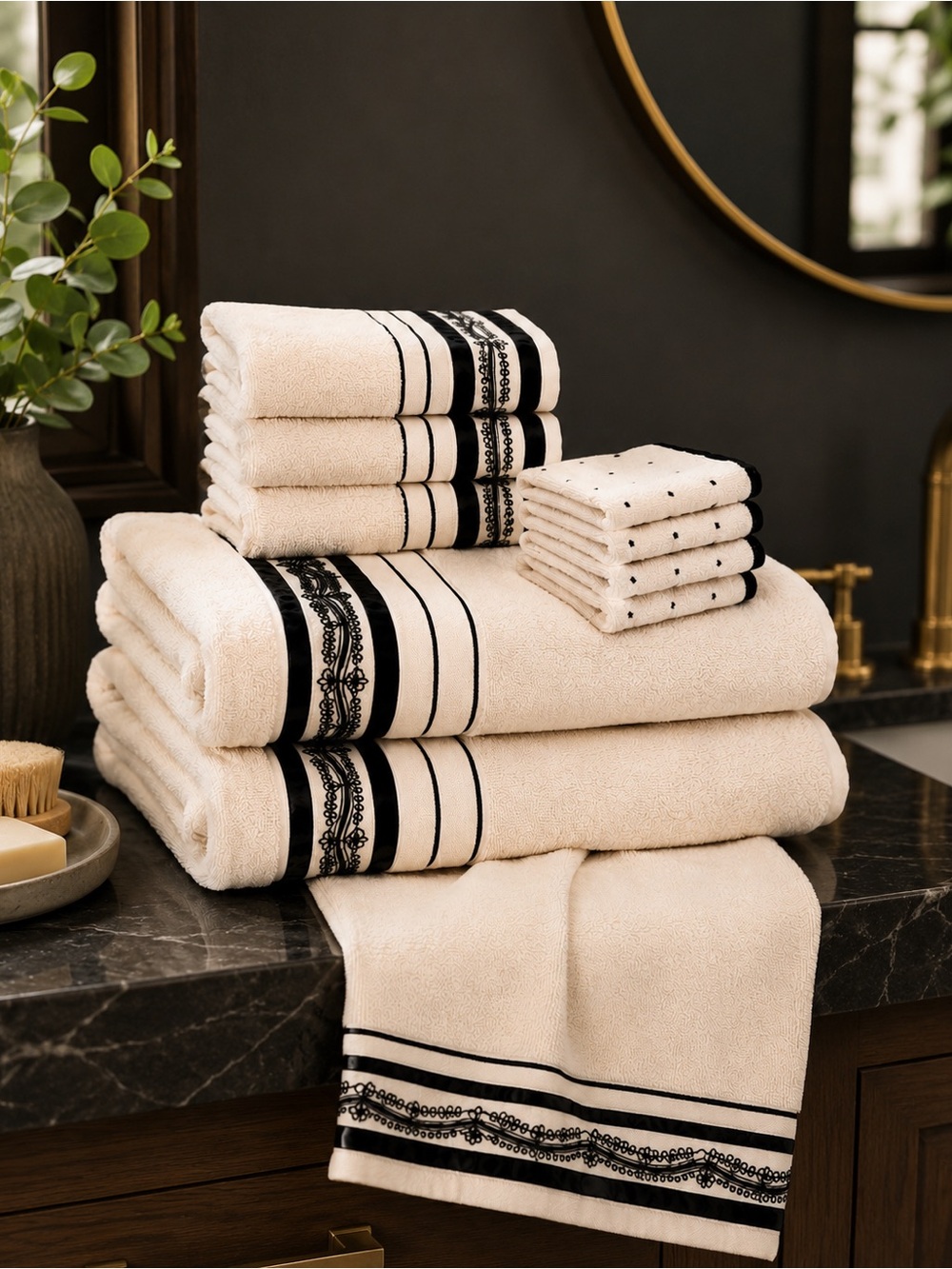 DKNY Cream Bath Towels with Black Embroidered Trim